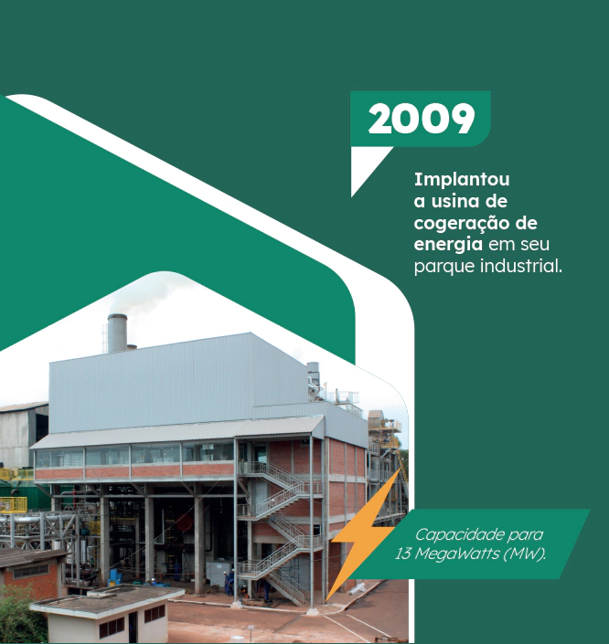 2009 - Implantou a usina de cogeração de energia em seu parque industrial